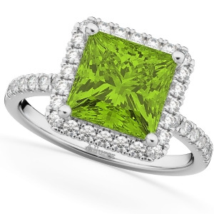 Princess Cut Halo Peridot and Diamond Engagement Ring 14K White Gold 3.47ct - All