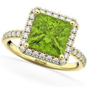 Princess Cut Halo Peridot and Diamond Engagement Ring 14K Yellow Gold 3.47ct - All