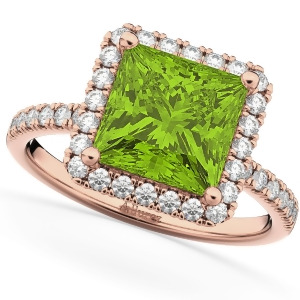 Princess Cut Halo Peridot and Diamond Engagement Ring 14K Rose Gold 3.47ct - All
