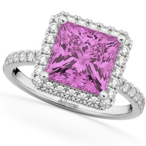 Princess Cut Halo Pink Sapphire and Diamond Engagement Ring 14K White Gold 3.47ct - All
