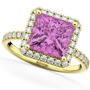Princess Cut Halo Pink Sapphire and Diamond Engagement Ring 14K Yellow Gold 3.47ct - All