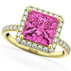 Princess Cut Halo Pink Tourmaline and Diamond Engagement Ring 14K Yellow Gold 3.47ct - All