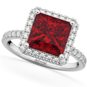 Princess Cut Halo Ruby and Diamond Engagement Ring 14K White Gold 3.47ct - All