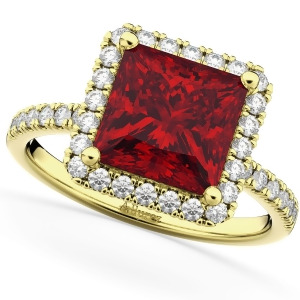 Princess Cut Halo Ruby and Diamond Engagement Ring 14K Yellow Gold 3.47ct - All