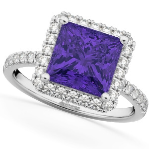 Princess Cut Halo Tanzanite and Diamond Engagement Ring 14K White Gold 3.47ct - All