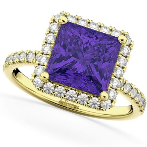 Princess Cut Halo Tanzanite and Diamond Engagement Ring 14K Yellow Gold 3.47ct - All