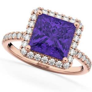 Princess Cut Halo Tanzanite and Diamond Engagement Ring 14K Rose Gold 3.47ct - All
