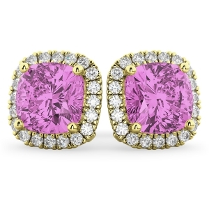 Halo Cushion Pink Sapphire and Diamond Earrings 14k Yellow Gold 4.04ct - All
