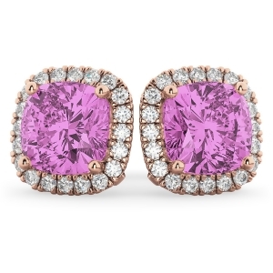 Halo Cushion Pink Sapphire and Diamond Earrings 14k Rose Gold 4.04ct - All