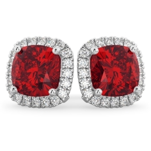 Halo Cushion Ruby and Diamond Earrings 14k White Gold 4.04ct - All
