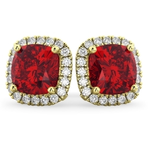 Halo Cushion Ruby and Diamond Earrings 14k Yellow Gold 4.04ct - All