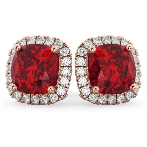 Halo Cushion Ruby and Diamond Earrings 14k Rose Gold 4.04ct - All