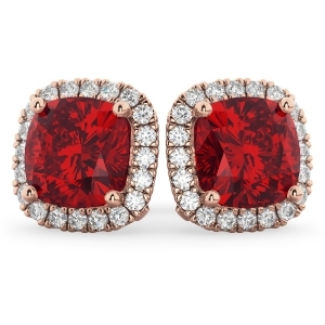 Halo Cushion Ruby and Diamond Earrings 14k Rose Gold 4.04ct - All