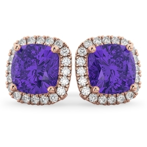 Halo Cushion Tanzanite and Diamond Earrings 14k Rose Gold 4.04ct - All
