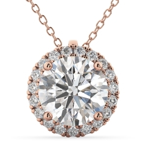 Halo Round Diamond Pendant Necklace 14k Rose Gold 2.29ct - All