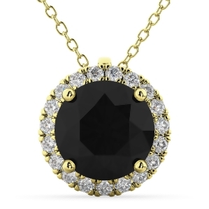 Halo Round Black Diamond Pendant Necklace 14k Yellow Gold 2.29ct - All