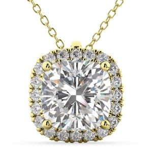 Halo Cushion Cut Diamond Pendant Necklace 14k Yellow Gold 2.27ct - All