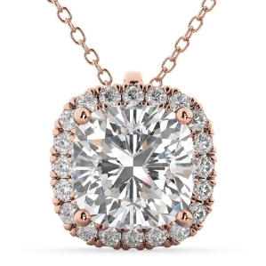 Halo Cushion Cut Diamond Pendant Necklace 14k Rose Gold 2.27ct - All