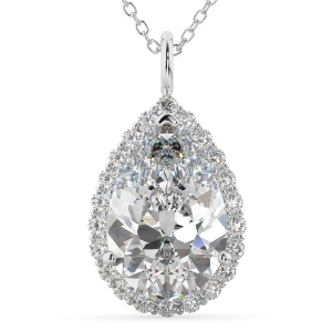 Halo Pear Shaped Diamond Pendant Necklace 14k White Gold 4.69ct - All