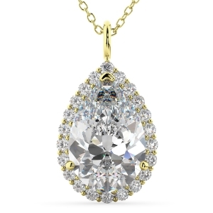 Halo Pear Shaped Diamond Pendant Necklace 14k Yellow Gold 4.69ct - All