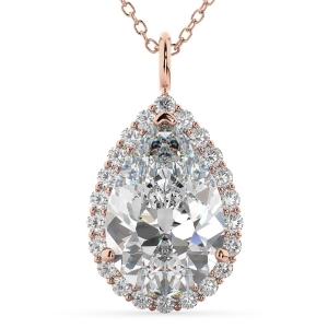 Halo Pear Shaped Diamond Pendant Necklace 14k Rose Gold 4.69ct - All