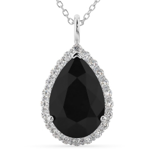 Halo Pear Shaped Black Diamond Necklace 14k White Gold 4.69ct - All
