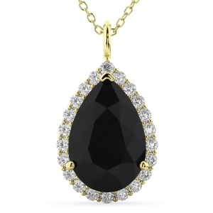 Halo Pear Shaped Black Diamond Necklace 14k Yellow Gold 4.69ct - All