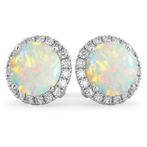 Halo Round Opal and Diamond Earrings 14k White Gold 3.17ct - All
