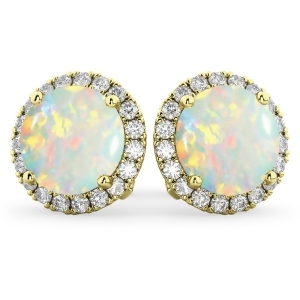 Halo Round Opal and Diamond Earrings 14k Yellow Gold 3.17ct - All
