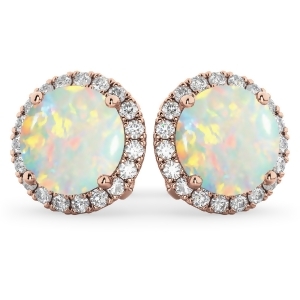 Halo Round Opal and Diamond Earrings 14k Rose Gold 3.17ct - All