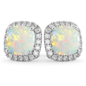 Halo Cushion Opal and Diamond Earrings 14k White Gold 4.04ct - All