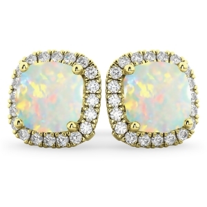 Halo Cushion Opal and Diamond Earrings 14k Yellow Gold 4.04ct - All