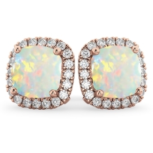 Halo Cushion Opal and Diamond Earrings 14k Rose Gold 4.04ct - All