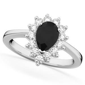 Halo Pear Shape Black Diamond Engagement Ring 14k White Gold 1.12ct - All