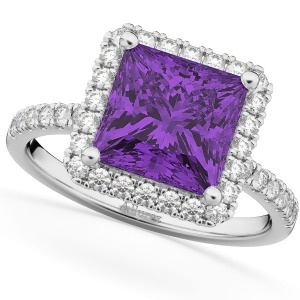 Princess Cut Halo Amethyst and Diamond Engagement Ring 14K White Gold 3.47ct - All