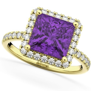 Princess Cut Halo Amethyst and Diamond Engagement Ring 14K Yellow Gold 3.47ct - All