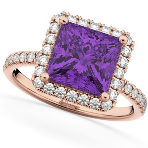 Princess Cut Halo Amethyst and Diamond Engagement Ring 14K Rose Gold 3.47ct - All