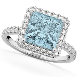 Princess Cut Halo Aquamarine and Diamond Engagement Ring 14K White Gold 3.47ct - All
