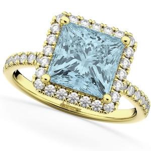 Princess Cut Halo Aquamarine and Diamond Engagement Ring 14K Yellow Gold 3.47ct - All