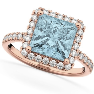 Princess Cut Halo Aquamarine and Diamond Engagement Ring 14K Rose Gold 3.47ct - All