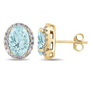 Oval Aquamarine and Halo Diamond Stud Earrings 14k Yellow Gold 3.92ct - All