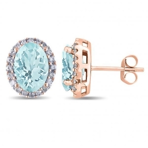Oval Aquamarine and Halo Diamond Stud Earrings 14k Rose Gold 3.92ct - All