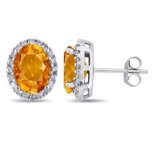 Oval Citrine and Halo Diamond Stud Earrings 14k White Gold 3.92ct - All