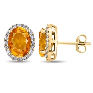 Oval Citrine and Halo Diamond Stud Earrings 14k Yellow Gold 3.92ct - All