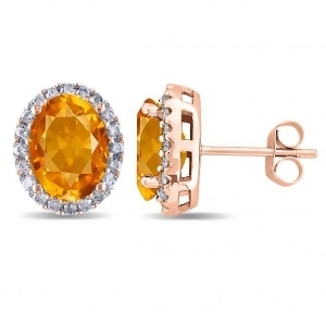 Oval Citrine and Halo Diamond Stud Earrings 14k Rose Gold 3.92ct - All