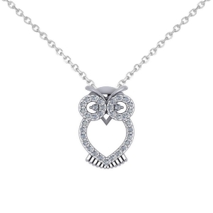 Owl Diamond Pendant Necklace 14k White Gold 0.09ct - All