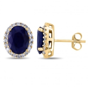 Oval Blue Sapphire and Halo Diamond Stud Earrings 14k Yellow Gold 5.70ct - All