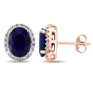 Oval Blue Sapphire and Halo Diamond Stud Earrings 14k Rose Gold 5.70ct - All