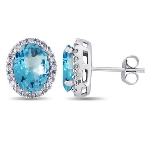 Oval Blue Topaz and Halo Diamond Stud Earrings 14k White Gold 5.40ct - All