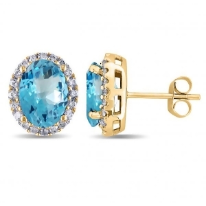 Oval Blue Topaz and Halo Diamond Stud Earrings 14k Yellow Gold 5.40ct - All